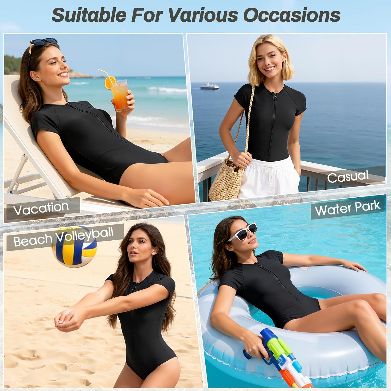American Trends Women's Short Sleeve Rash Guard One Piece Swimsuit UPF 50+ Zip Front Athletic Surfing Bathing Suit Modest - Image 7