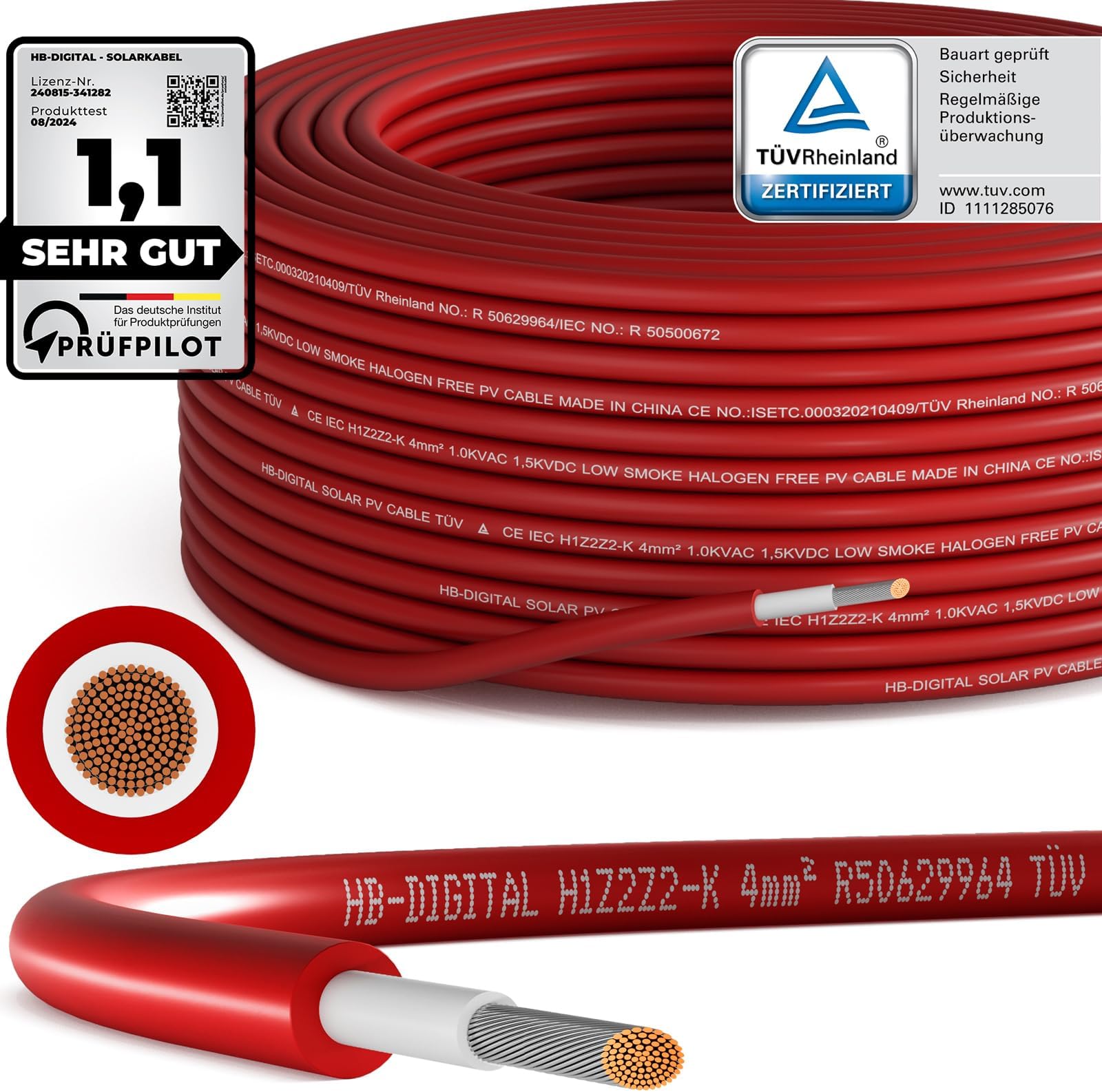 hb-digital Solar cable, 50 m, 4 mm?for solar panels, pure copper, extension cable, solar panel, strands, piping, single charger, flexible two-layer, special insulation, 1500 V, red