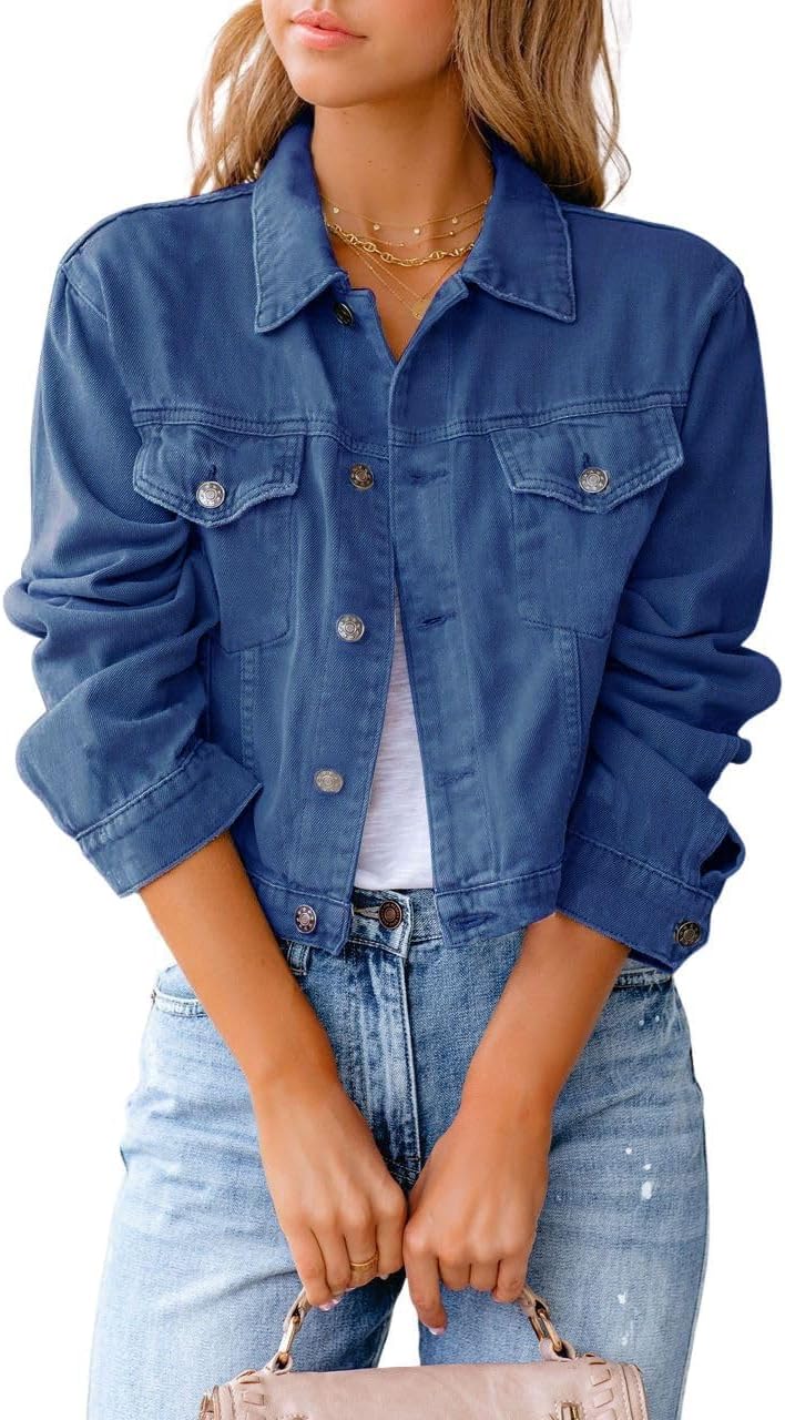DMOYALA 2024 Cropped Jean Jacket for Women Trendy Short Denim Jacket Long Sleeve Crop Top Basic Lapel Shacket with Pockets