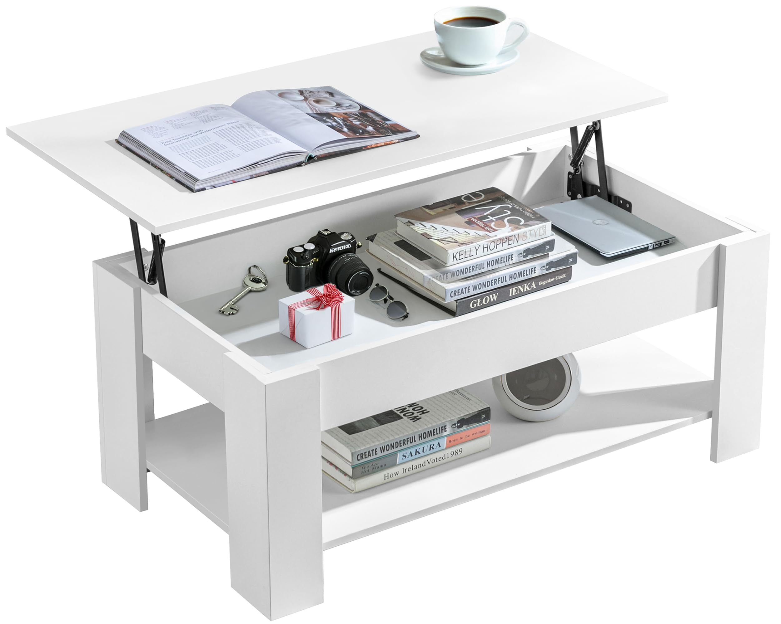 Coffee Table with Storage, Lift Up Coffee Tables for Living Room, Wooden Coffee Table with 1 Shelf Large Hidden Storage Rectangular Sofa End Lift-Top White Tea Table White, 120x60x(49.5-62.5) H cm