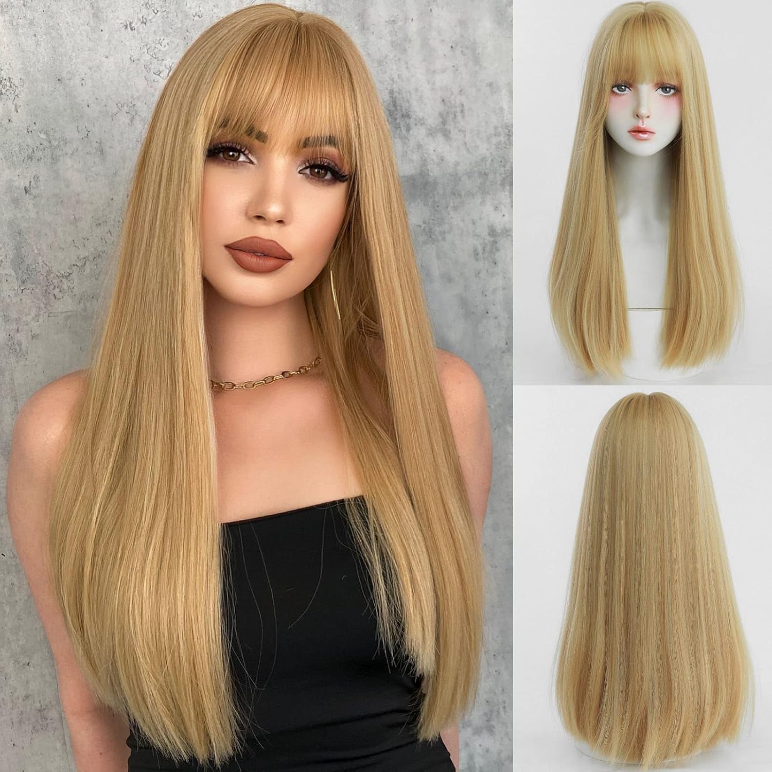 7JHH WIGS Blonde Wig With Bang For Women Long Straight Blonde Wig Synthetic Wig For Girl Emo Cosplay And Daily Use（23" Blonde