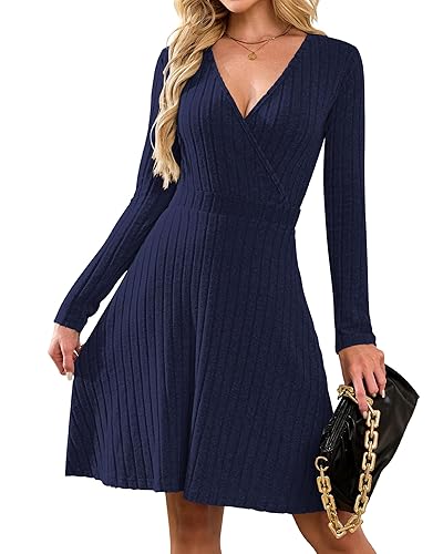 WNEEDU Womens Fall Dress 2025 Casual Long Sleeve Wrap Waist V Neck Knit A Line Sweater Dresses - Small - Navy Blue