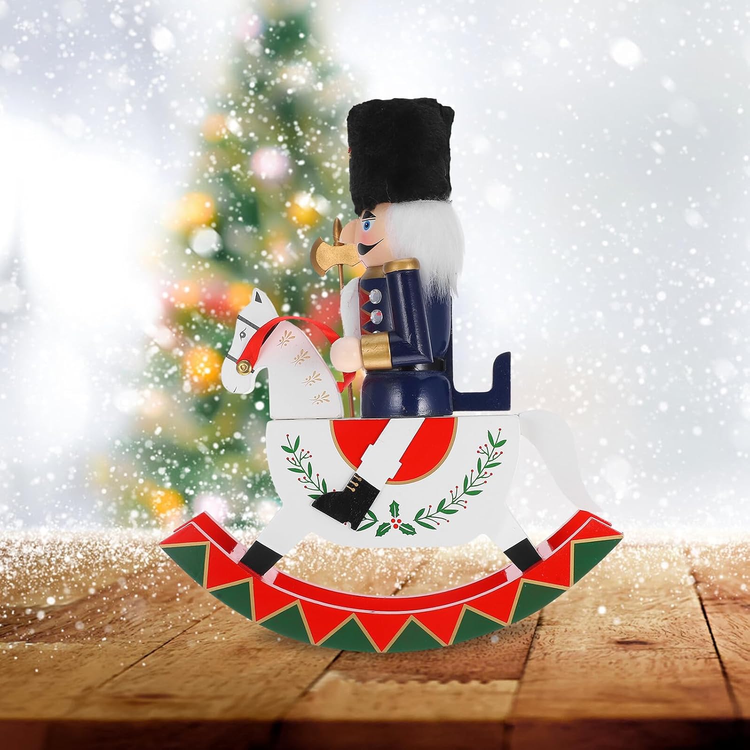 Wooden Nutcracker Christmas Figurine Rocking Horse Ornament Mini Festive Shelf Decor for Holiday Tables and Party Decorations