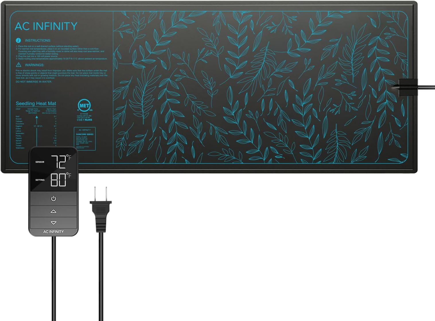 AC Infinity Suncore H7 Seedling Mat 48 x 20.75 Inch with Digital Thermostat Controller for Accurate Temperature Levels, Waterproof Heating Pad for Indoor Gardening, Hydroponics, Germination, Cloning