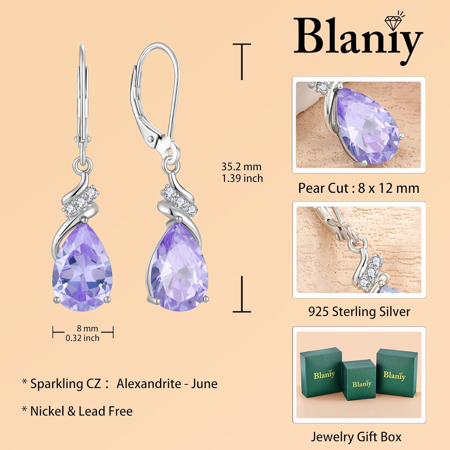 Teardrop Dangle Drop Earrings 925 Sterling Silver Leverback Created Gemstone Earrings Birthstone Jewelry for Women - Image 6