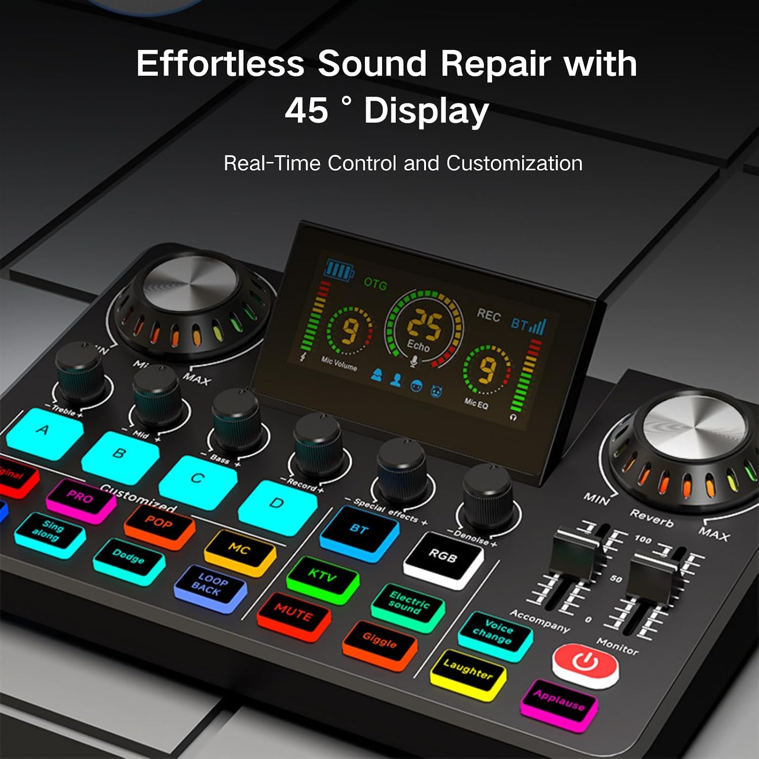 HOSONGIN F668 audio mixer with its 45-degree angled display showing audio levels and settings.
