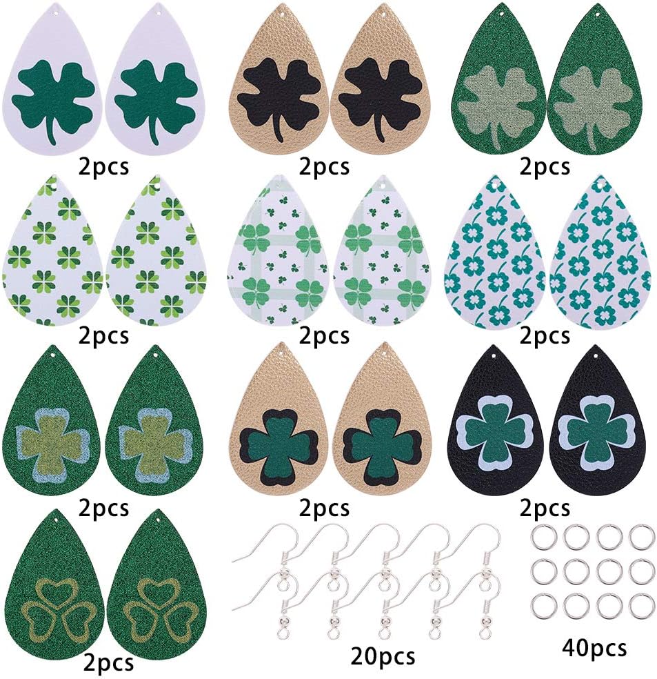SUNNYCLUE 80Pcs DIY 10 Pairs St Patrick's Day Charms Four Leaf Clover Charms Leather Teardrop Earring Making Starter Kit 4 Leaf Clover Lucky Charm Irish Shamrock Charms for Jewelry Making Kits Craft
