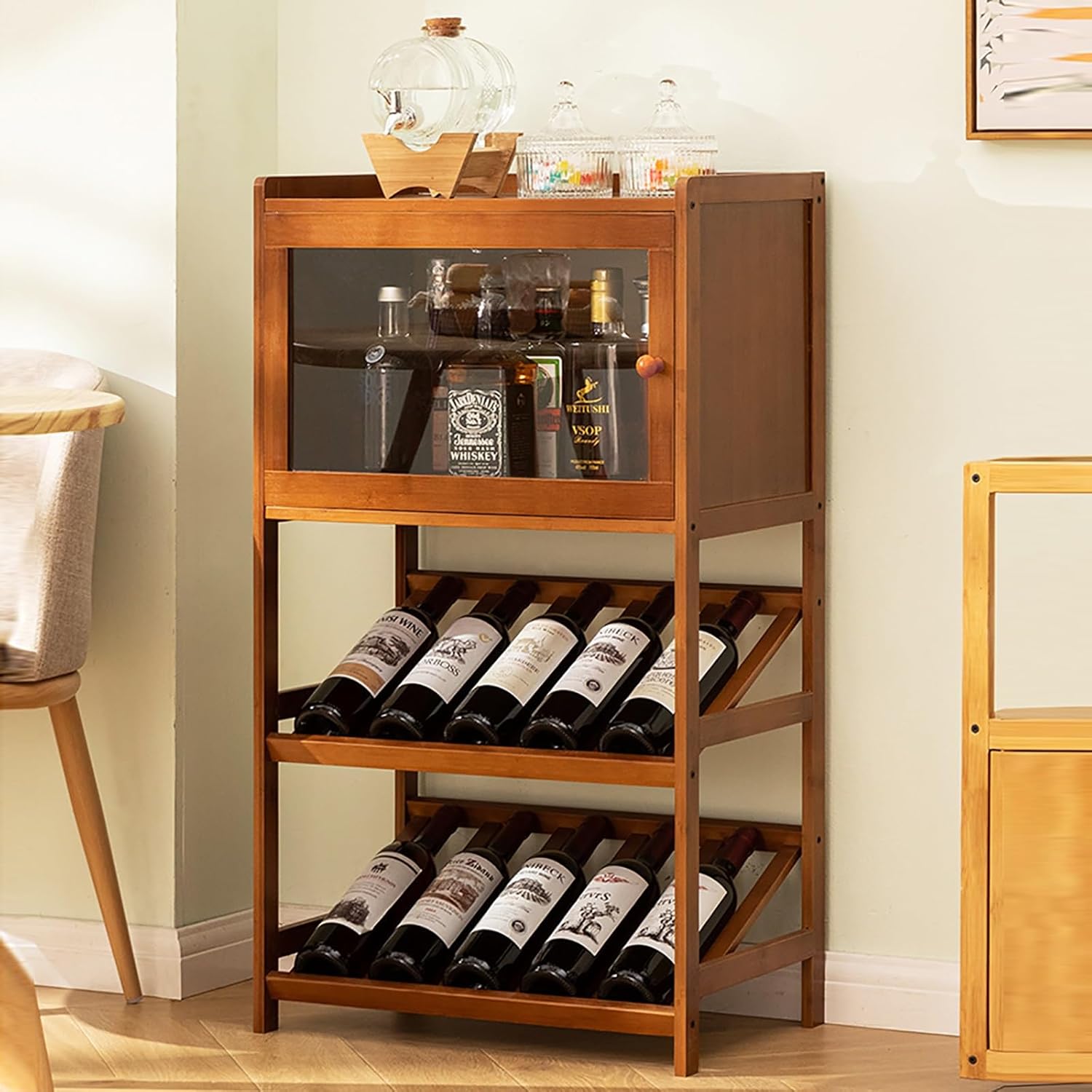 Wine Rack For Cupboard Large Capacity Wine Rack 3 Layers 4 Layers Wine Racks Free Standing Easy To Assemble Save Space Home Kitchen Living Room Bar Suitable For Most Wine Bottles(Walnut color,9