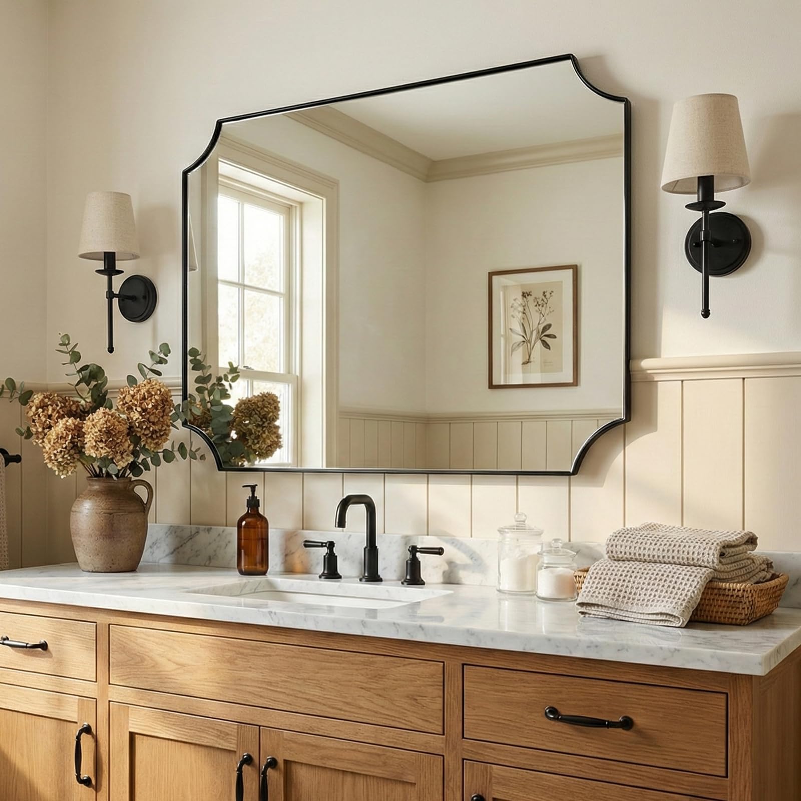 ANDY STAR 30x40 Inch Bathroom Mirror, Black Bathroom Mirror for Over Sink, Unique Rectangle Wall Mirror, Matte Black Framed Rectangular Mirror with Scalloped Edges, Ideal for Home Decor