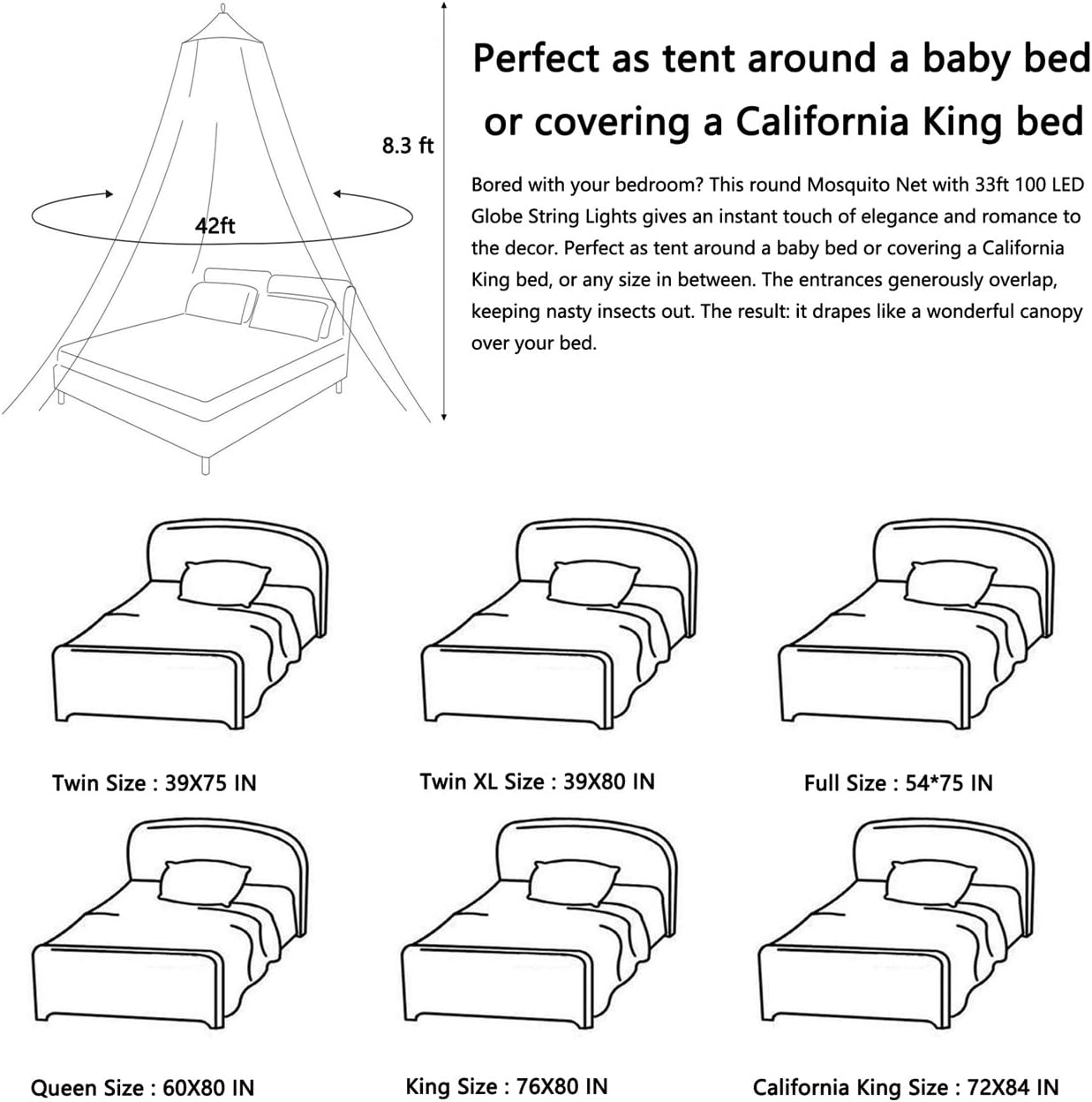 Comtelek Bed Canopy with Lights,Mosquito Net Bed Canopy for Girls Canopy Bed Curtains Full Queen Size from Ceiling,Dome Mosquito Netting Bed Tent Twin Girls Princess Canopy King Bed Decor