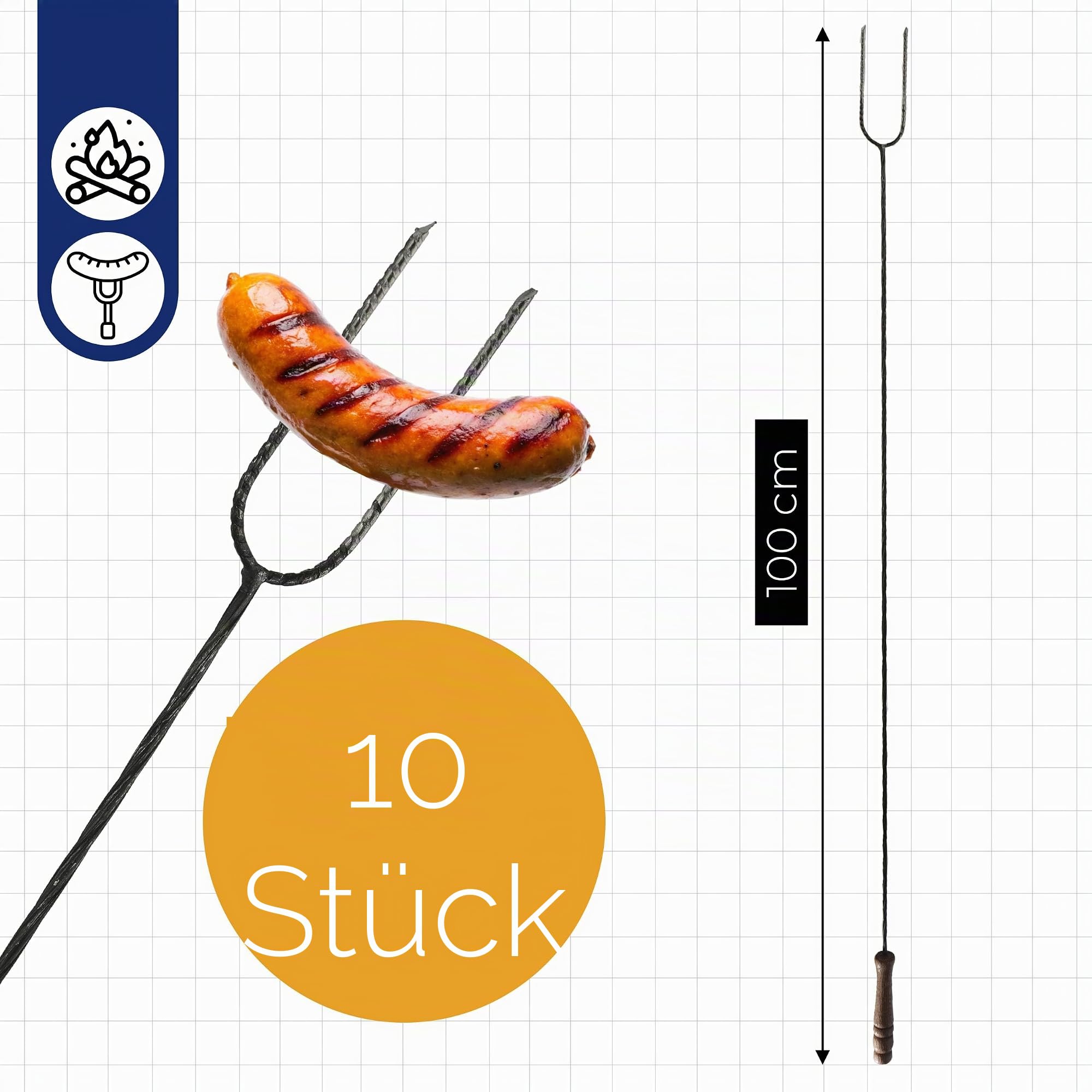 Grill spieße stahl 100cm Feuerstab, Grillspiesse lang für Lagerfeuer, Barbecue, Spieße für grill zum Einfädeln und Braten von Würsten auf dem Feuer Stahlstab, Holzgriff 10 Stück