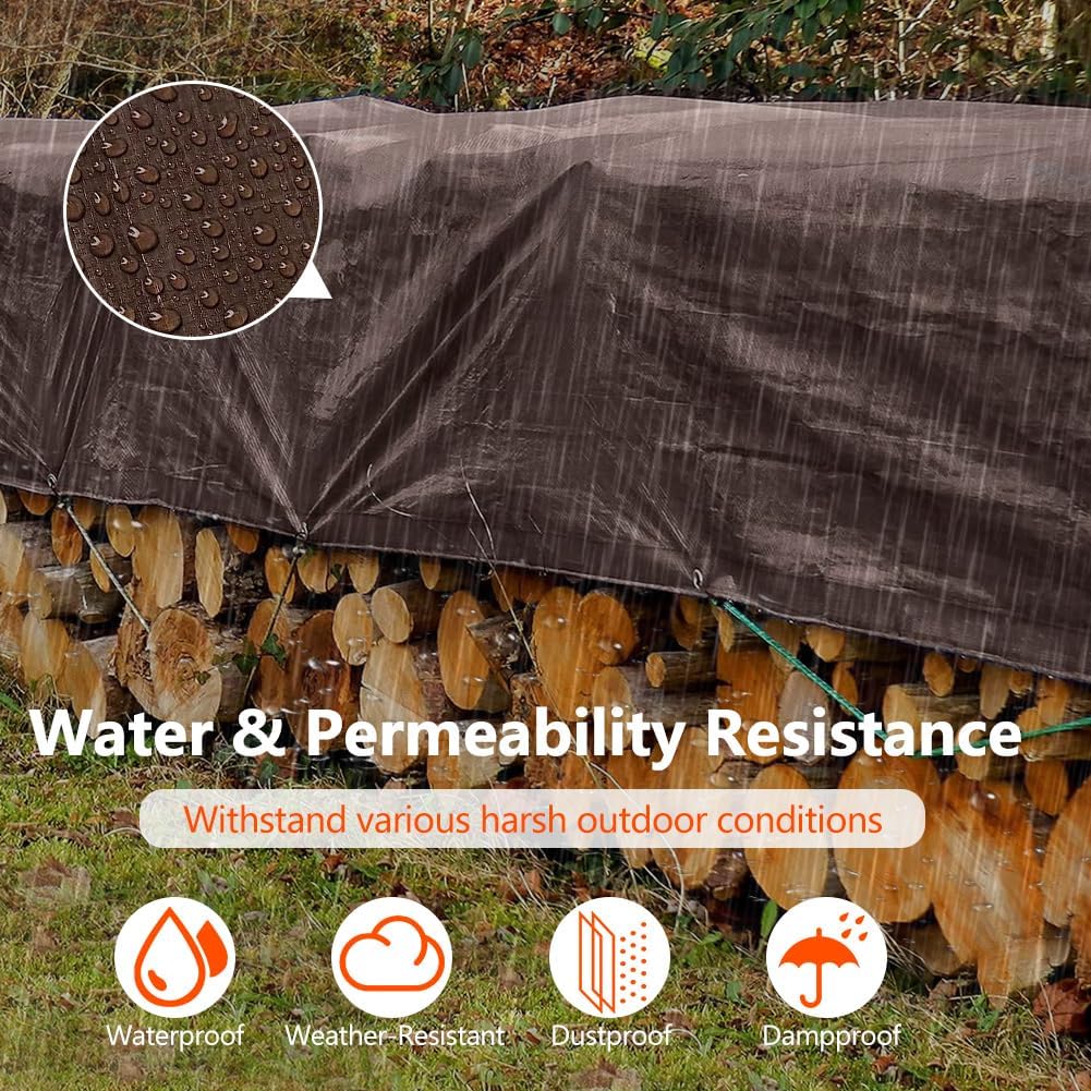 6x30Ft Tarps 16 MIL Heavy Duty Thick Waterproof Poly Tarp, UV Resistant&Tear Multipurpose Protective Cover w/Grommets and Reinforced Edges for Camping, Tent, Boat, RV, Car Brown