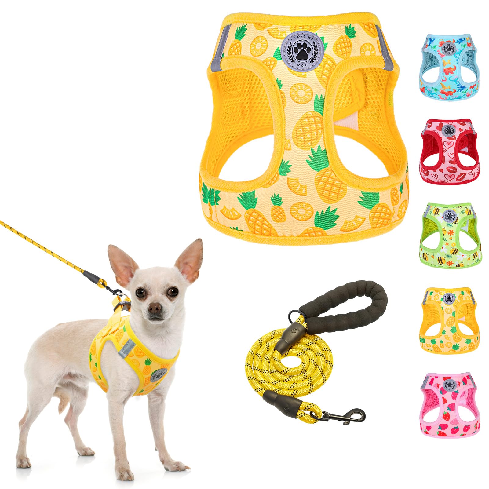 BEAUTYZOO Pineapple Pattern Dog Harness and Leash Set, Reflective, No-Pull, Small