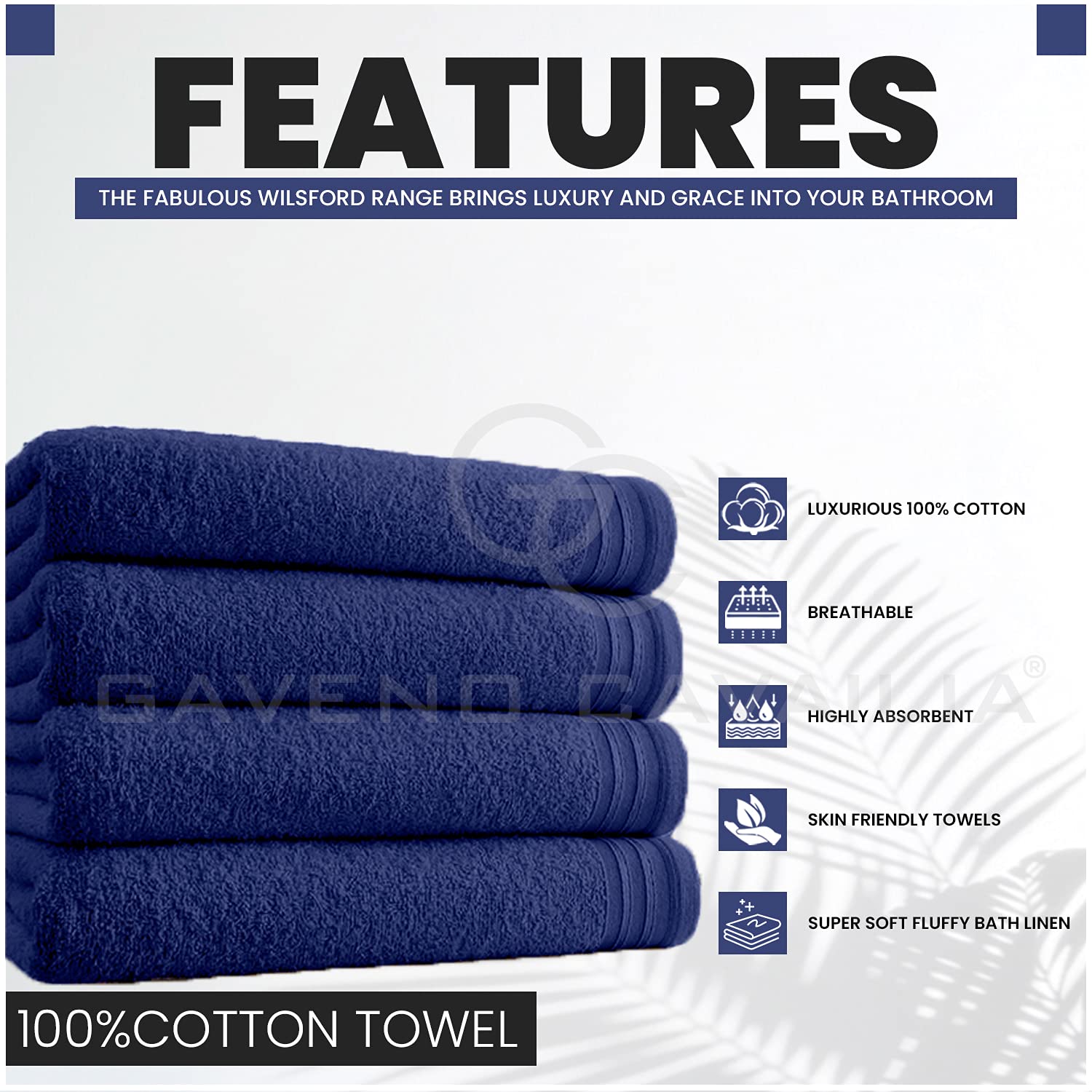 GC GAVENO CAVAILIA Lot de 4 Grandes Serviettes de Bain en Coton égyptien très absorbantes - Bleu Marine - Séchage Rapide - 450 g/m² - Lavables - 75 x 135 cm