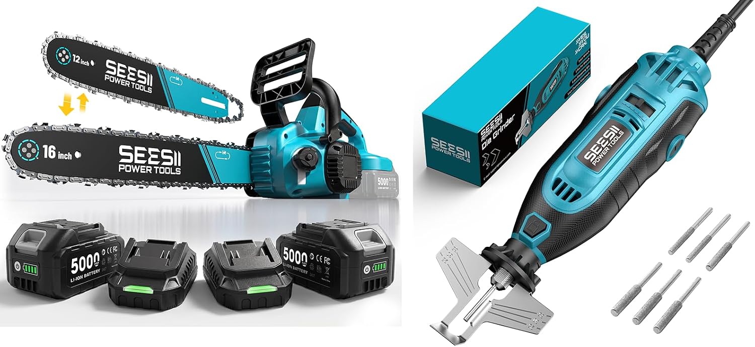 SEESII 40V 16 Inch & 12 Inch Cordless Electric Chainsaw 2×5.0Ah Batteries with Chainsaw Sharpener Kit