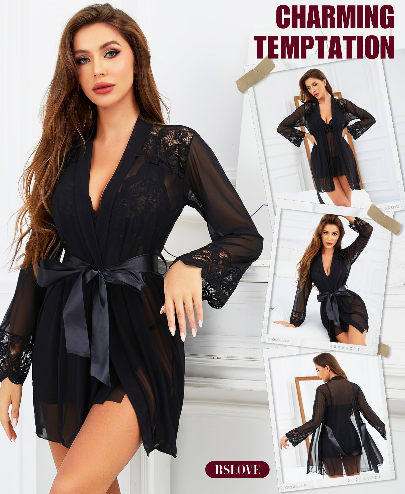 RSLOVE Nuisette Sexy Femme Lingerie - Tenue Robe en Dentelle Maille Chemise de Nuit 3 Pièces sous Vêtements Feminins