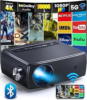 Projector with 4K 5G WiFi Bluetooth Supported, CLOKOWE 10000L FHD 1080P with Screen for Outdoor Movies Home Theater Video Projector Compatible with Android/iOS/TV Stick/PS4, Support 300" Display