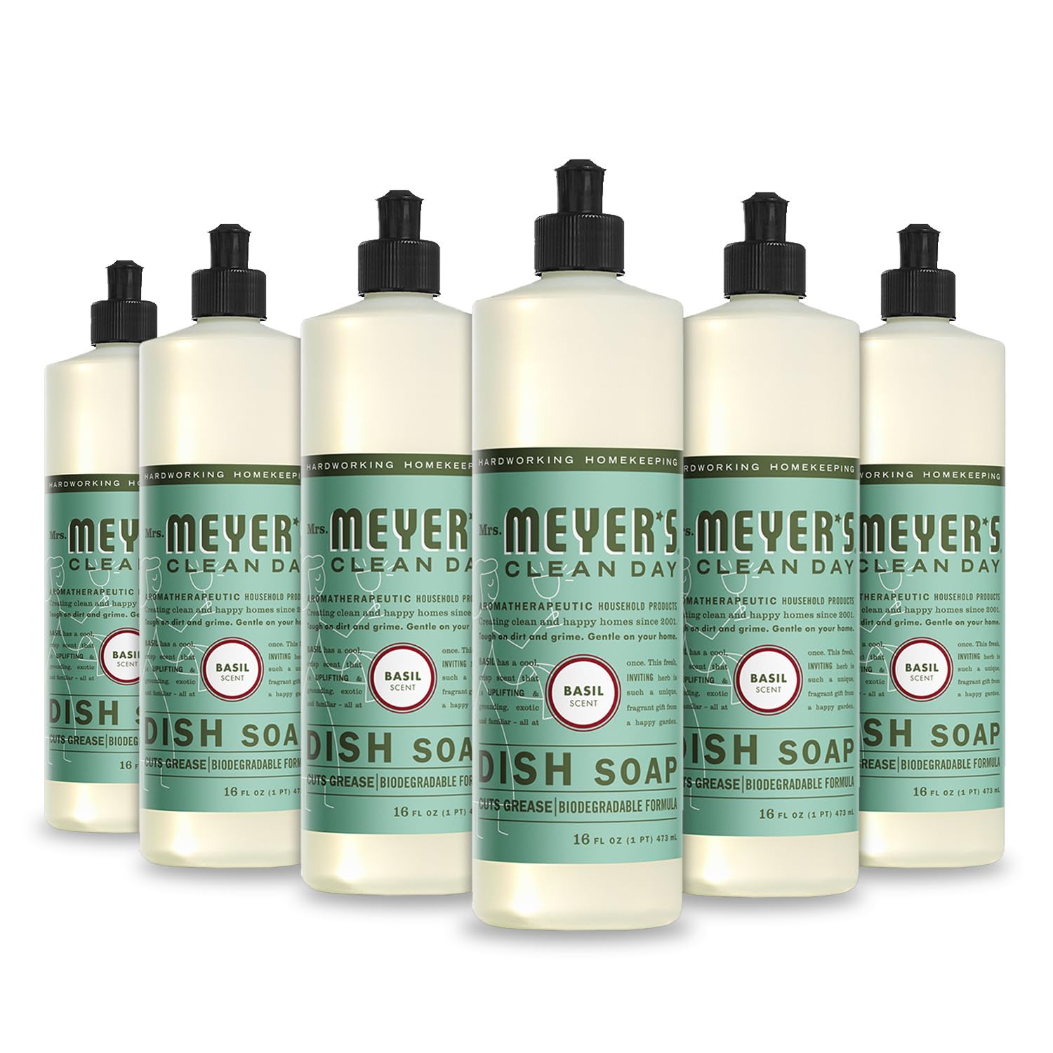 Mrs. MEYER'S CLEAN DAY Liquid Dish Soap, Basil, 16 fl. oz - Pack of 6