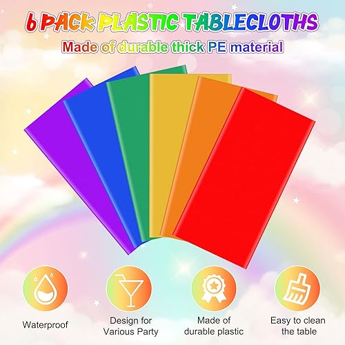 Miniatura 3 de Paquete de 6 manteles con temática de arco iris de 6 colores, manteles de plástico desechables coloridos rectangulares para fiestas, bodas,