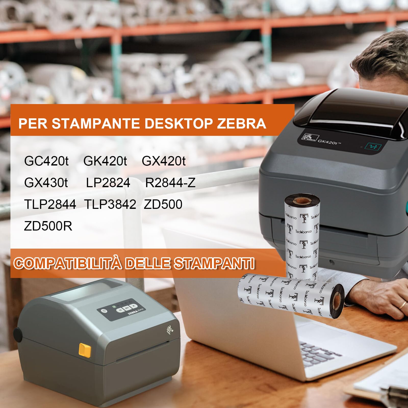 10 rotoli di nastri per trasferimento termico per stampante desktop - Cera avanzata, 110 mm x 74 m (4,33" x 244'), nucleo da 1,27 cm, per stampante desktop Zebra