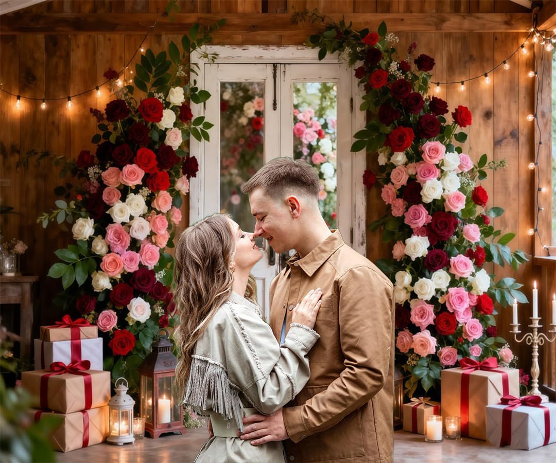 12x10ft Valentines Photo Backdrop Glitter Rustic White Wooden Door Roses Flower Valentine Backdrops for Photography Galentines Valentine's Day Decorations for Party Photo Props Background