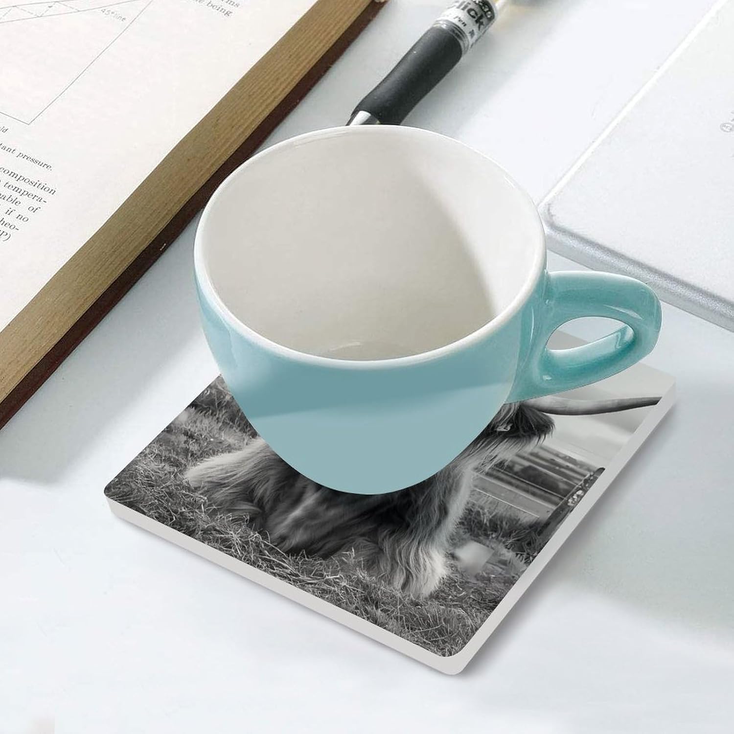 Black and White Highland Cow Funny Ceramic Coasters for Drink Absorbent Cup Holders Tabletop Protection