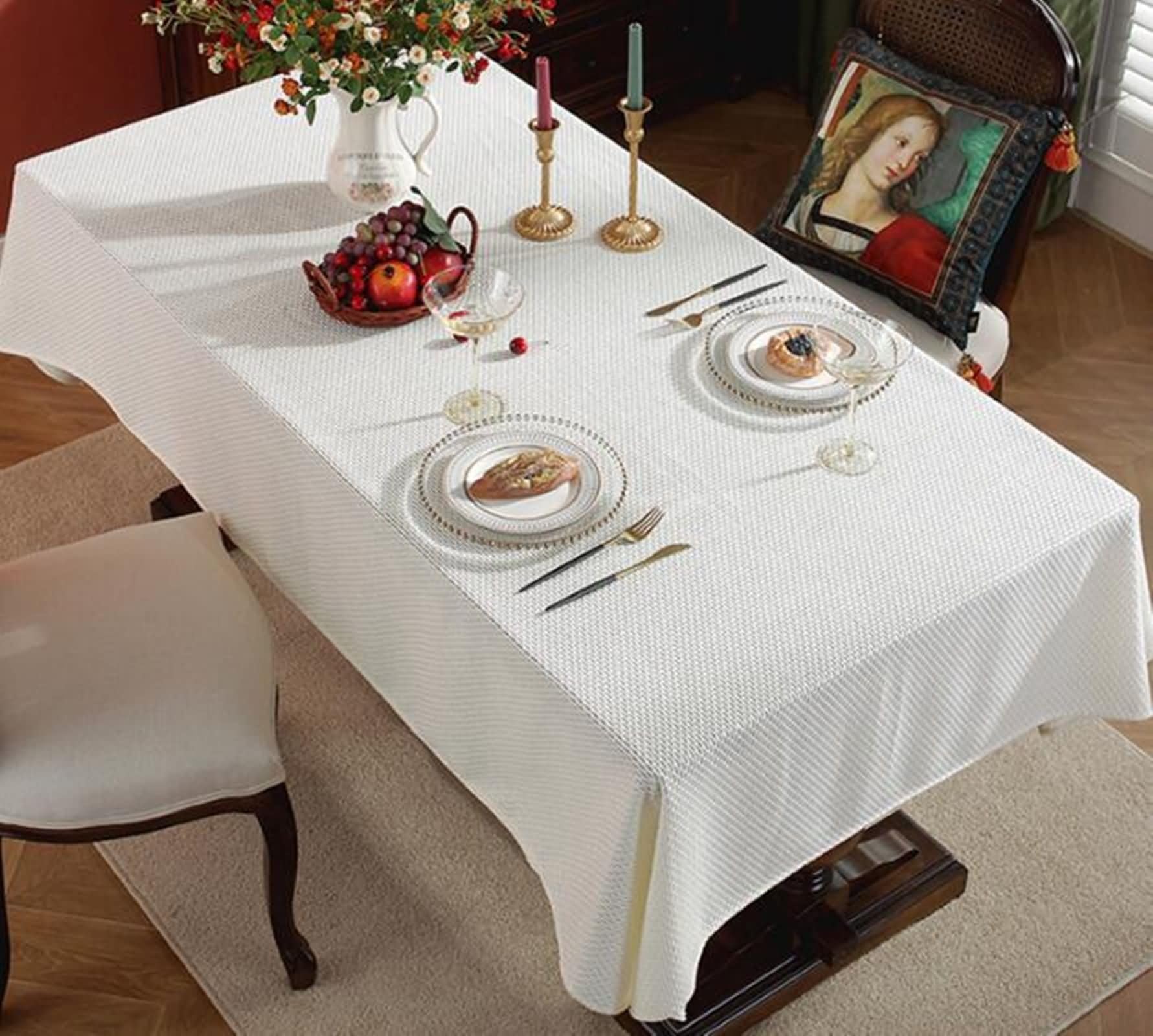 Daesar Mantel de Mesa Rectangular Moderno,Mantel Algodón Lino Antimanchas Color Sólido Mantel Mesa Comedor Beige Blanco,135x240CM(94x53Inch)