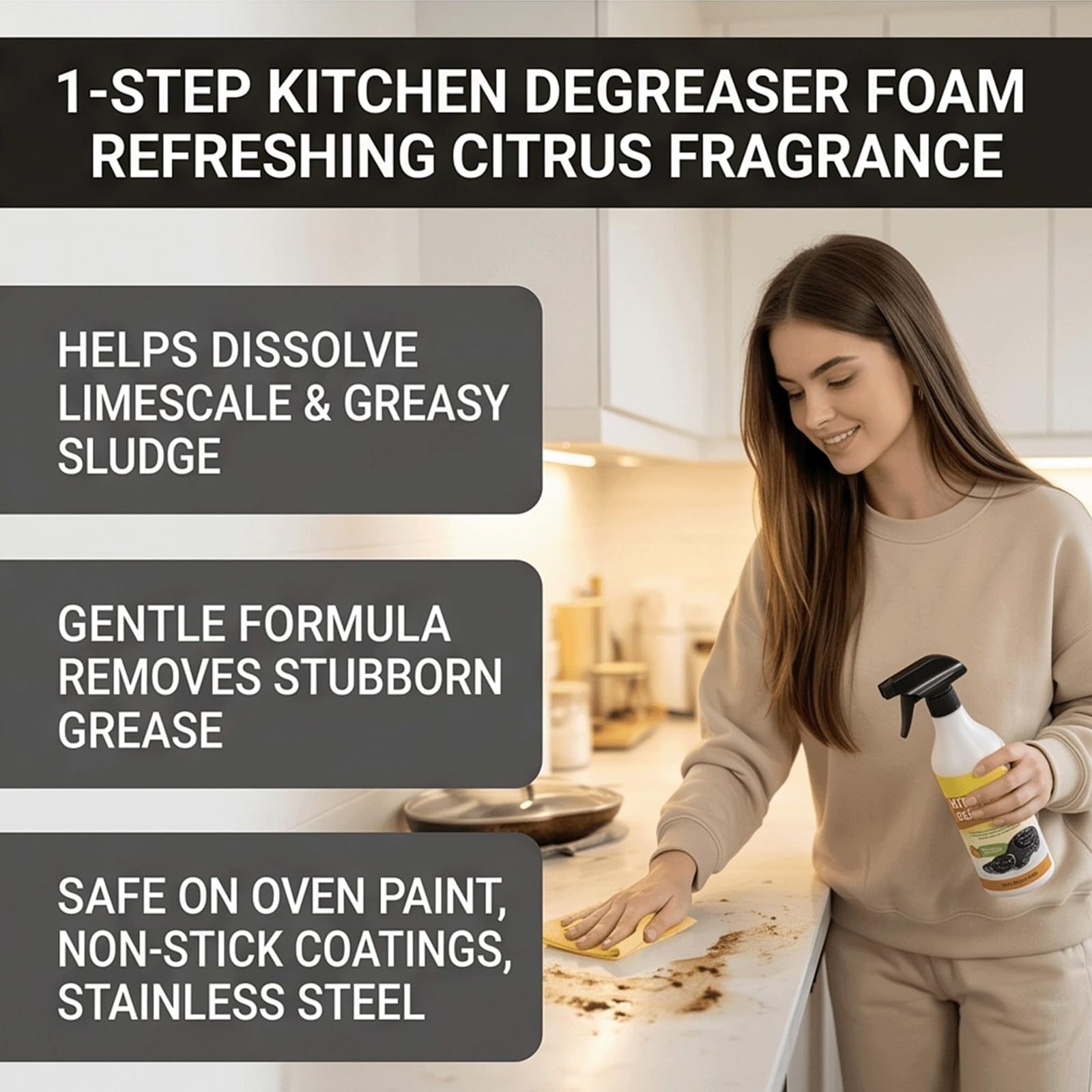 Lemon Fresh Scent Kitchen Degreaser Foam Cleaner Spray - Kitchen FoamCleaner & Dégraissant, bez spłukiwania wielopowierzchniowy środek do czyszczenia piany, usuwa tłuszcz, zmatowienie, olej (5 szt)