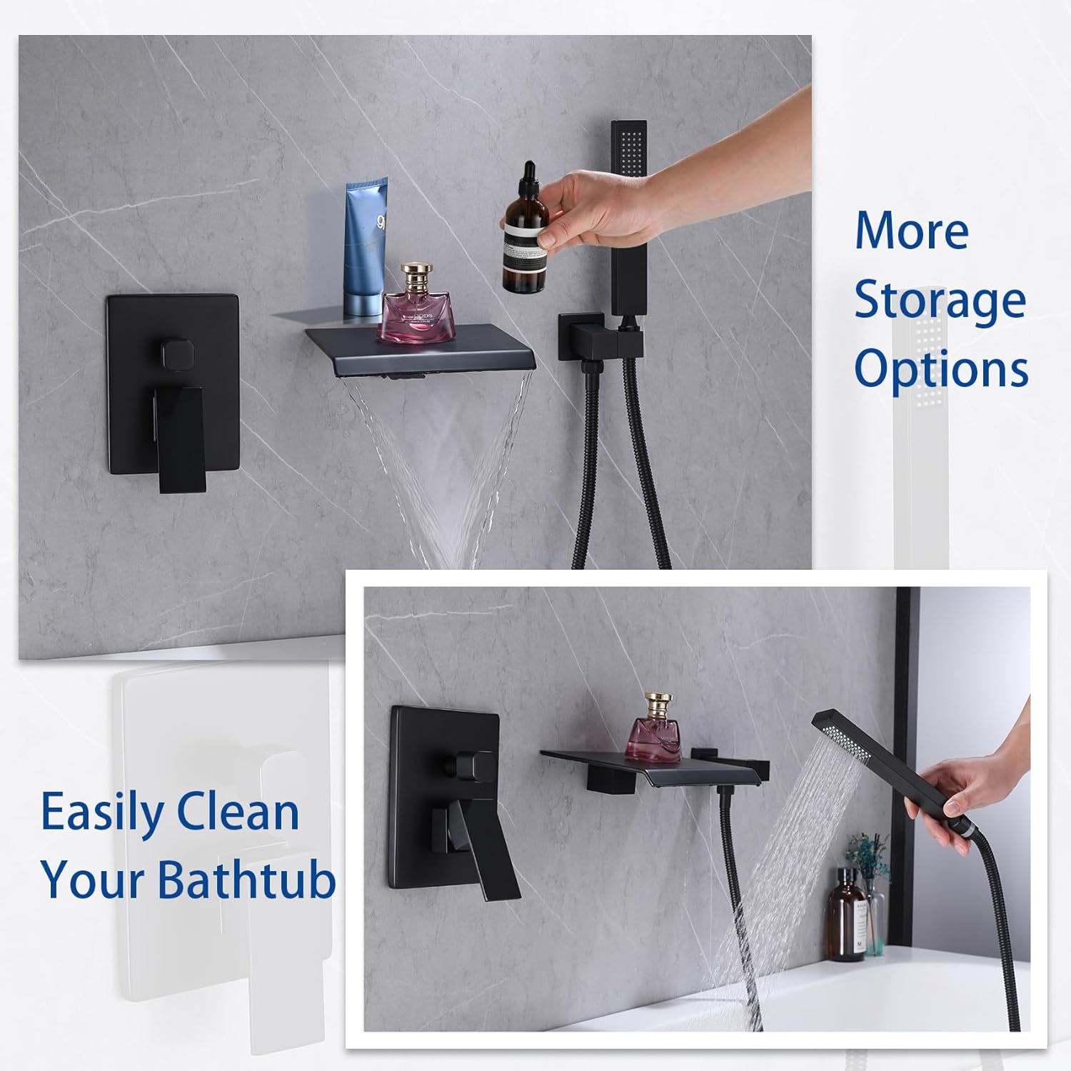Taplong Wall Mount Bathtub Faucet with Waterfall Tub Spout Matte Black Tub Faucet Set Wall Mounted Tub Filler with Handheld Sprayer Solid Brass Single Handle Shower Faucet Set with Rough in Valve