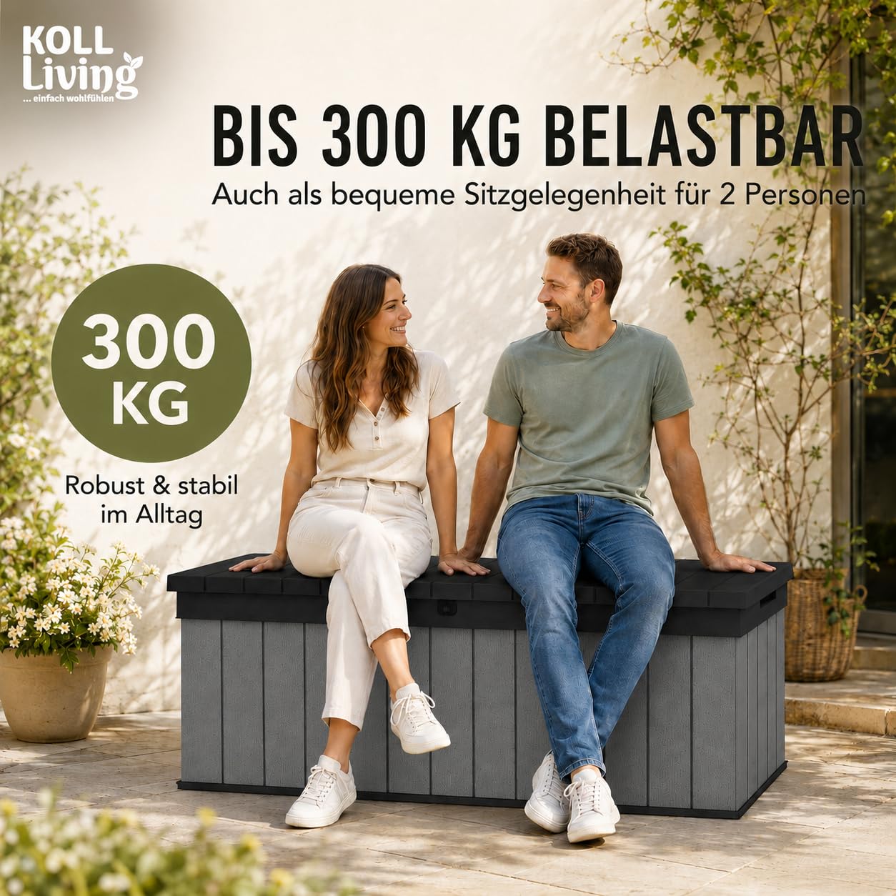 Koll Living Auflagenbox/Kissenbox 380 Liter l 100% Wasserdicht l mit Belüftung dadurch kein übler Geruch/Schimmel l Moderne Holzoptik l Deckel belastbar bis 300 KG (2 Personen)