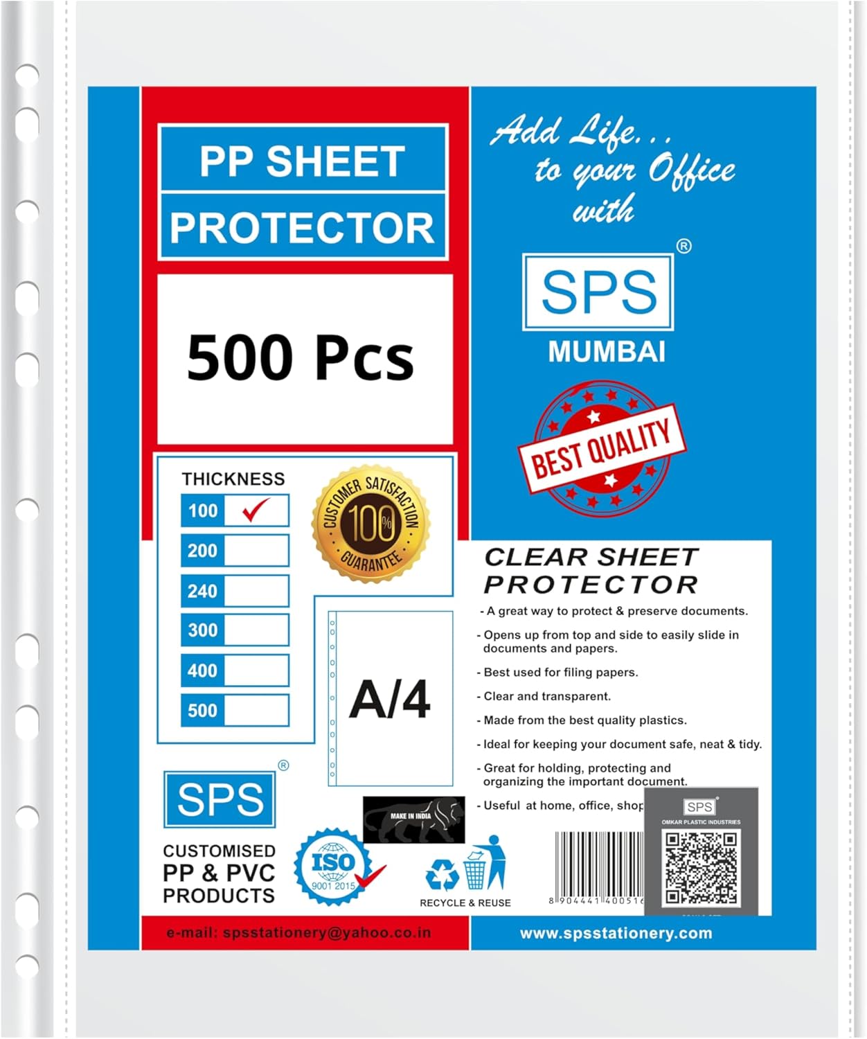 SPS A4 Size 100 Pcs 100 Micron Sheet Protectors, Transparent Document Sleeves, Leaf Sheet Clear Certificates, Waterproof 11 Holes Punched Ring Files Folder (A4, 100 Micron, Pack of 100)