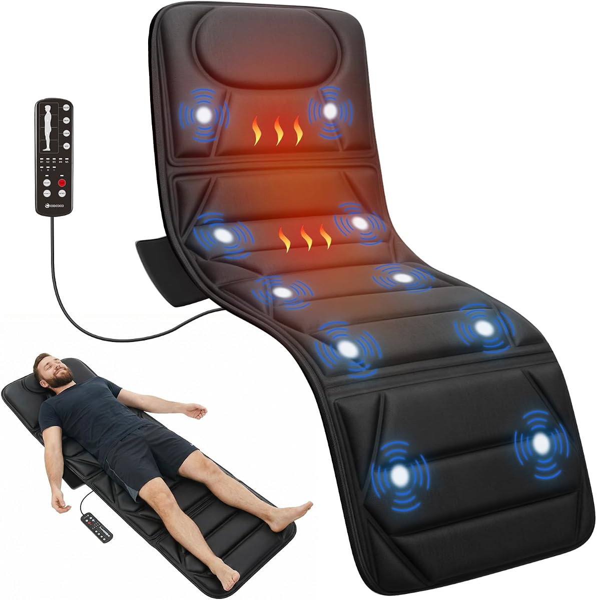 Full Body Massage Mat with Heat, 10 Motors for Bed and Sofa Use | 10 vibrating motors, 5 modes, 3 intensities, 4 selectable zones, upper and lower back heat, foldable design, 30-min auto-off