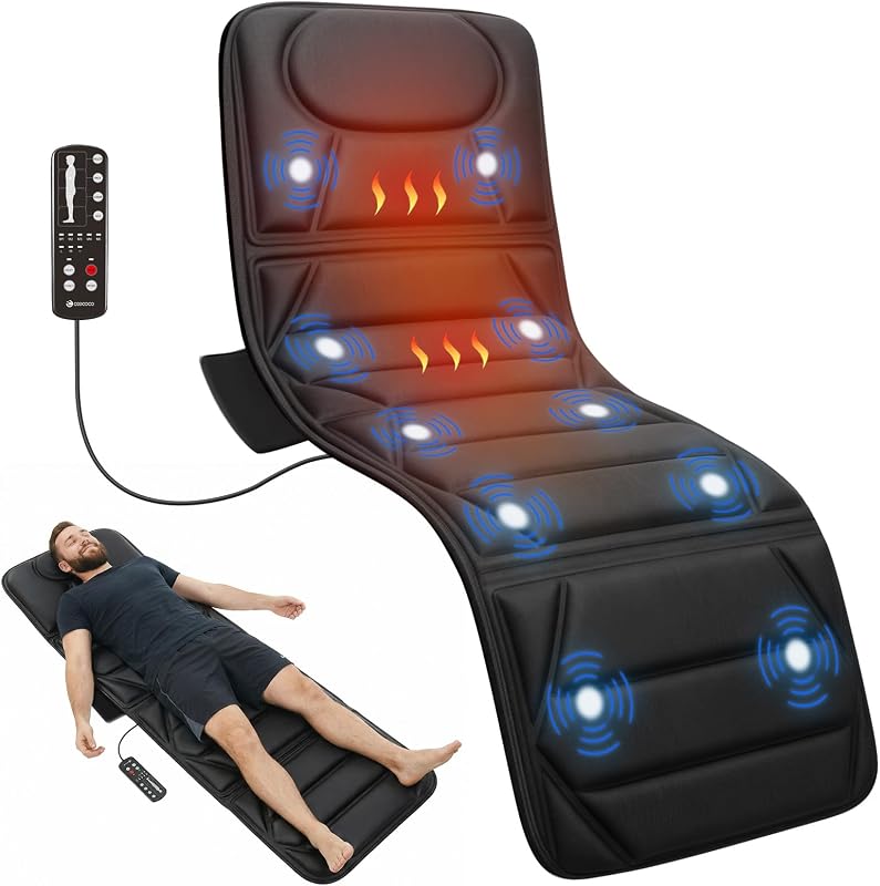 Full Body Massage Mat with Heat, 10 Motors for Bed and Sofa Use | 10 vibrating motors, 5 modes, 3 intensities, 4 selectable zones, upper and lower back heat, foldable design, 30-min auto-off