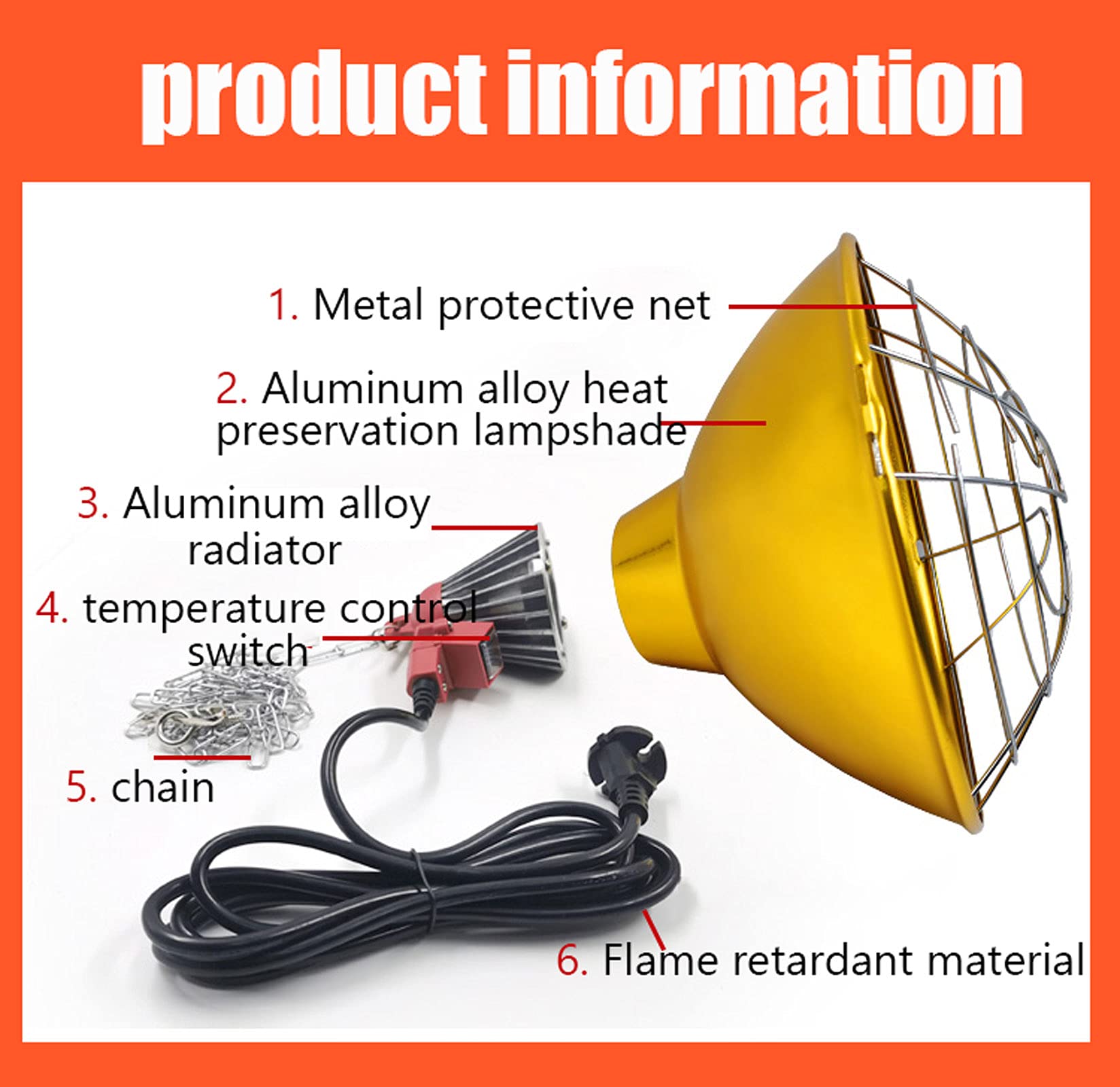 Lampa grzewcza dla szczeniąt żółwia kotka, lampa grzewcza dla piskląt z żarówką wodoodporną i przeciwwybuchową, regulowana 150W-250W (L)