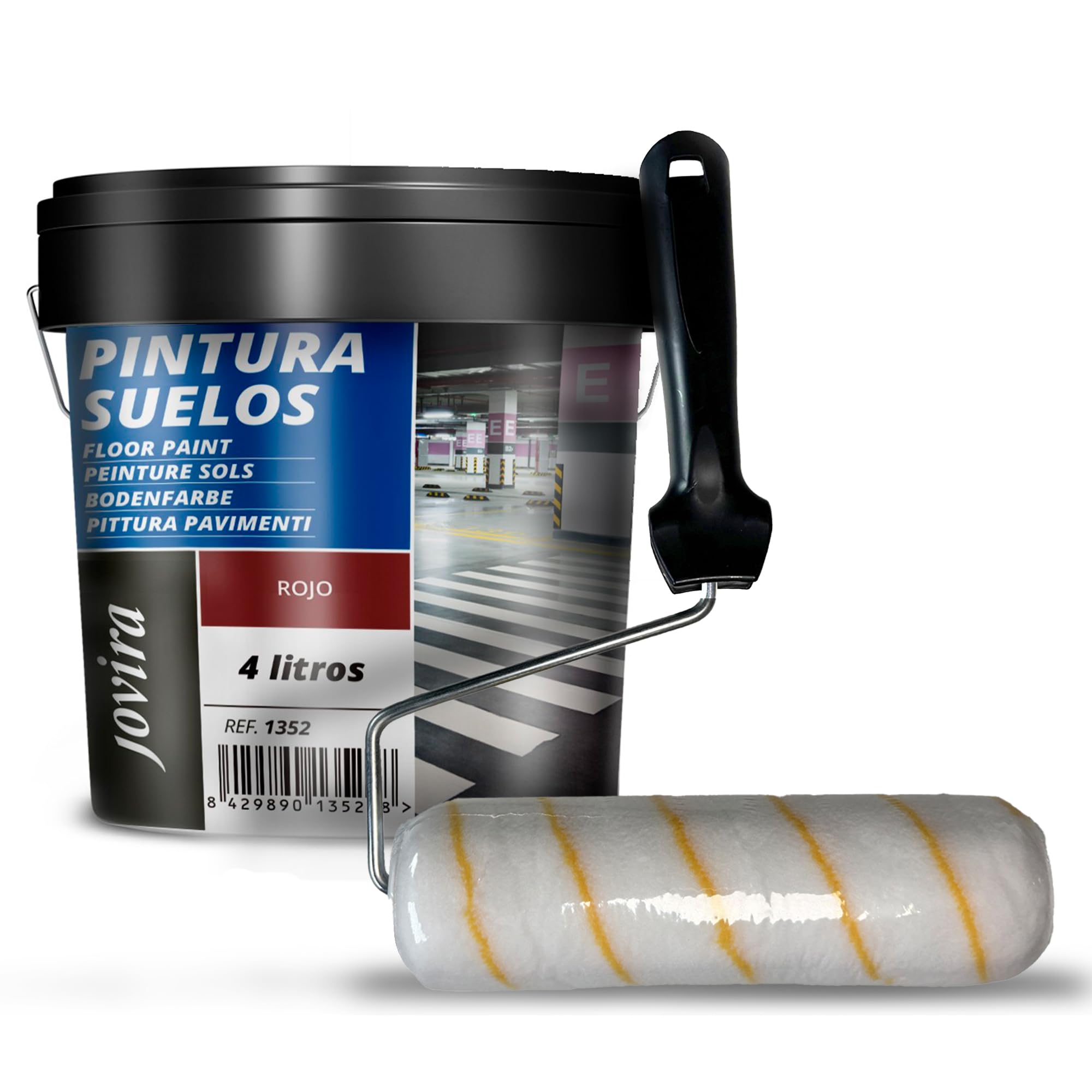 JOVIRA PINTURAS- 6 Kg - Pittura per pavimenti esterni ed interni, garage e superfici sportive in genere + Rullo Antigoccia 22 cm (4 Litri, Rosso + Rullo Antigoccia) B-13