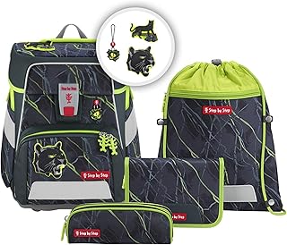 Step by Step Space School Bag Set, 5 Pieces, Ergonomic Satchel with Reflectors, Height Adjustable with Waist Belt, from 1st Class, 20 Litres, Danger Cat Chiko - Grey-Green, School bag