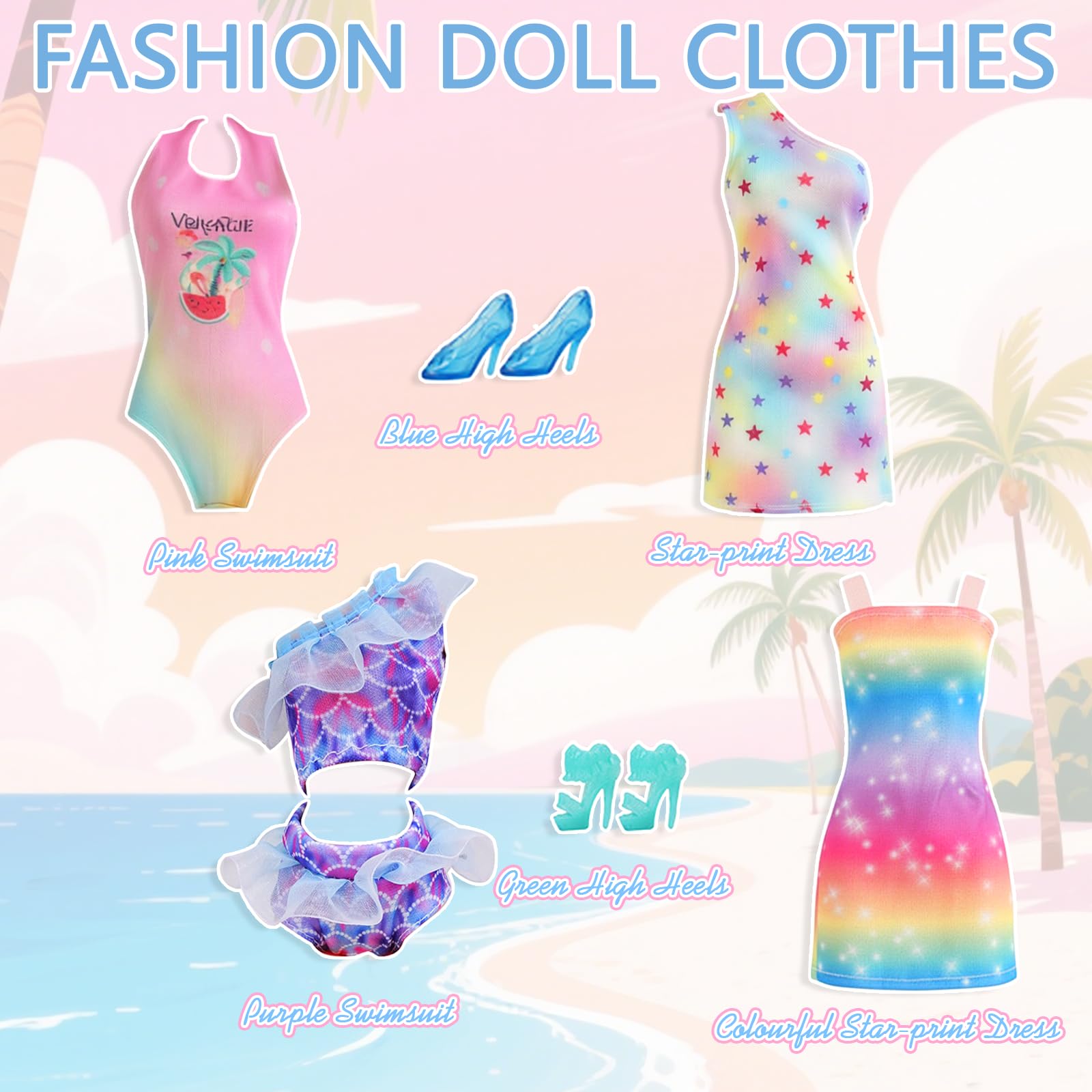 16 piezas de ropa y zapatos de muñeca compatibles con muñeca Barbie de 11.5 pulgadas, incluye 1 vestido de sirena, 2 tops de tiras, 2 vestidos, 1 pantalón, 4 juegos de trajes de baño, 5 zapatos