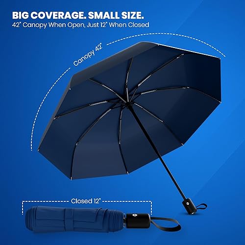 Vista 21 de Rain-Mate Paraguas compactos resistentes al viento para la lluvia, diseño de costilla de fibra de vidrio reforzada fuerte y apertura y cierre 1.Negro