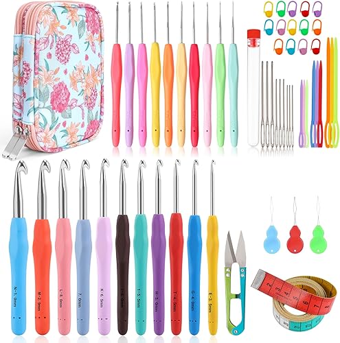 Miniatura 10 de Vodiye Juego de 23 ganchos de ganchillo, mango ergonómico para manos artríticas, agujas de ganchillo cómodas y suaves, agujas de tejer extralargas