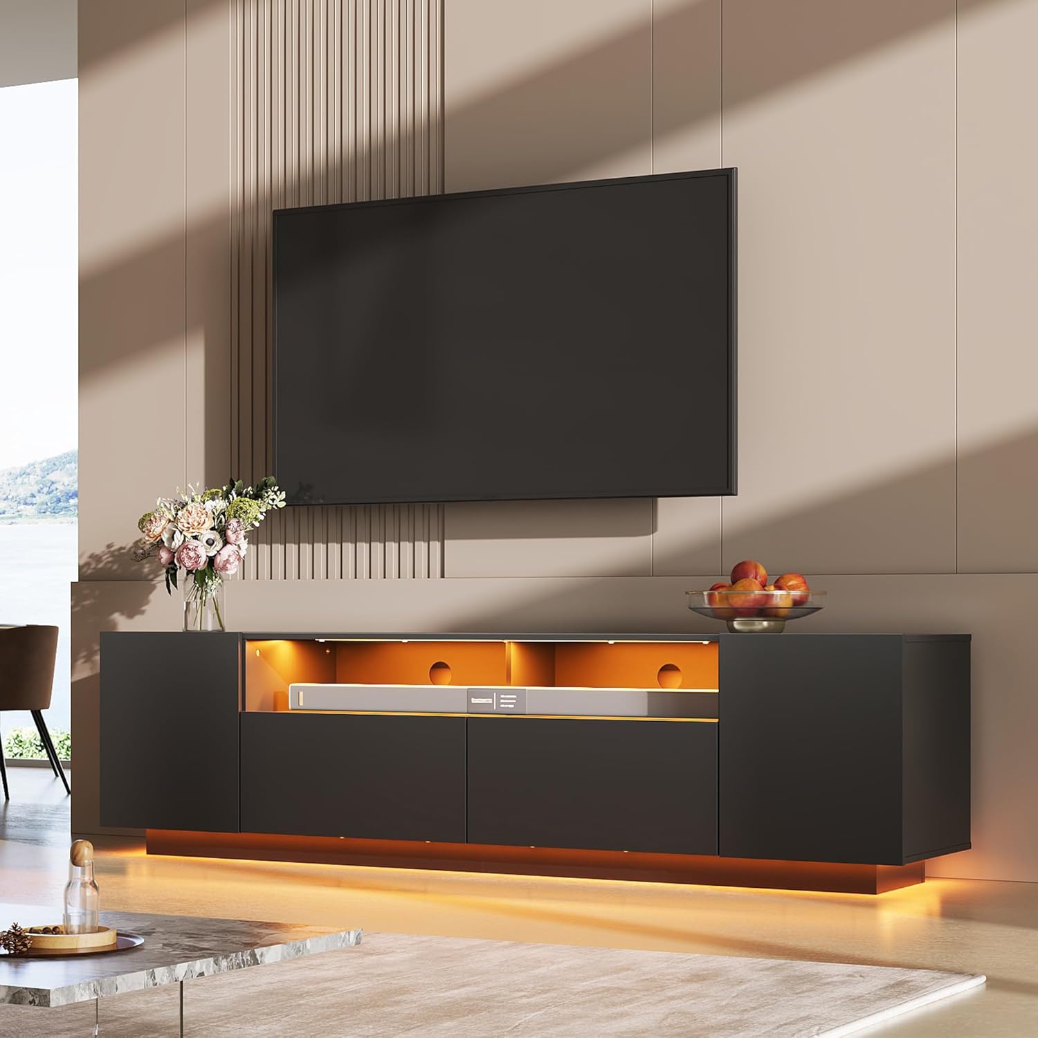 WLIVE LED TV Stand with Large Storage Cabinet, Modern Entertainment Center for 55/60/65/70/75 Inch TVs, Sturdy TV Console for Living Room, Bedroom,Rec Room(Black)