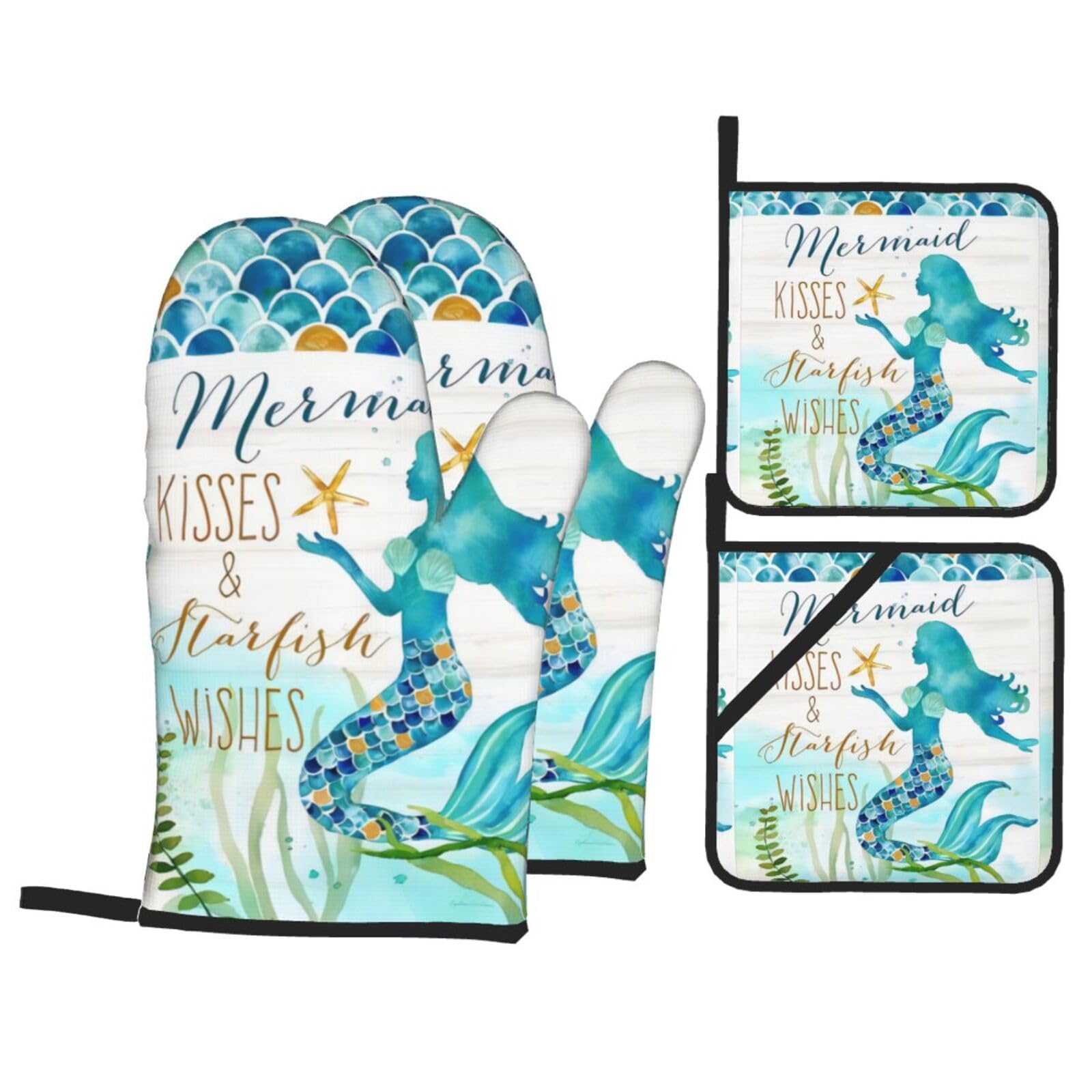 YYHHAOFA Mermaid Prints Kitchen Baking Set with Heat Resistant Pot Holders & Oven Mitts - Waterproof Layers for Cooking, Grilling & Serving, Includes Pocket Layer