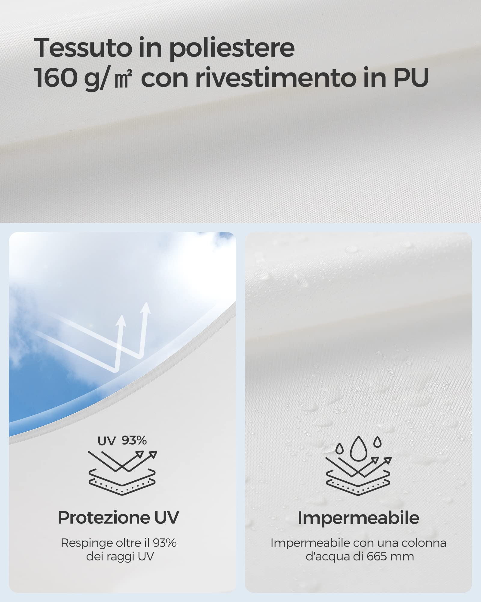 SONGMICS Vela Parasole 3 x 4 m, Impermeabile con Colonna d'Acqua 665 mm, Tenda da Sole Poliestere Antistrappo, Anti UV 93%, Terrazza Giardino Balcone, Rettangolare, Corde 2 m, Bianco GSH34IVV1