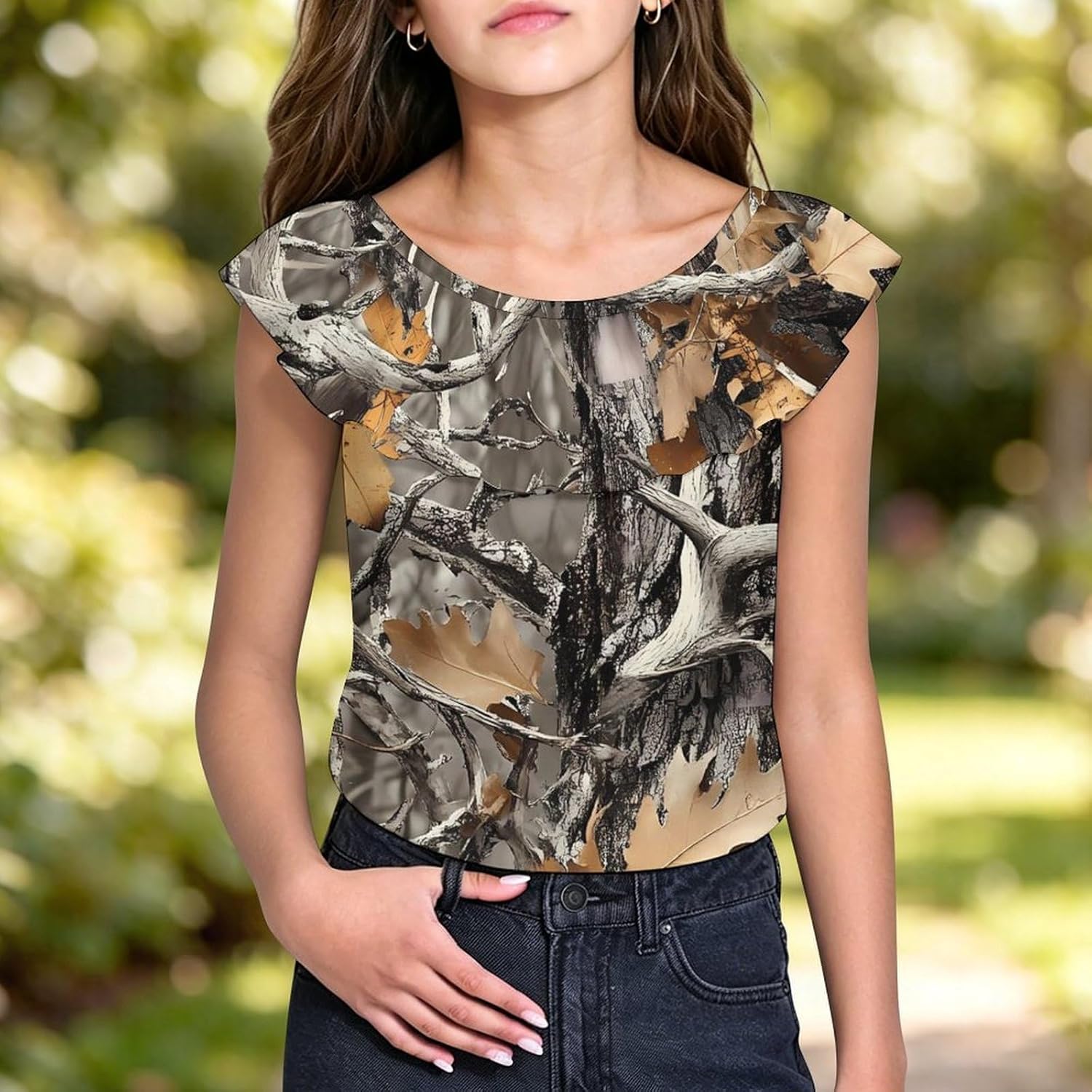 Hunt Hunting Camouflage Pattern Girls T-Shirts Top Ruffle Short Sleeve Blouse Casual Graphic Tees