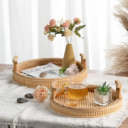 Miniatura 3 de Bandeja decorativa redonda grande de bambú con hierba marina tejida, bandejas redondas de 16 pulgadas con asa para mesa de café, decoración del