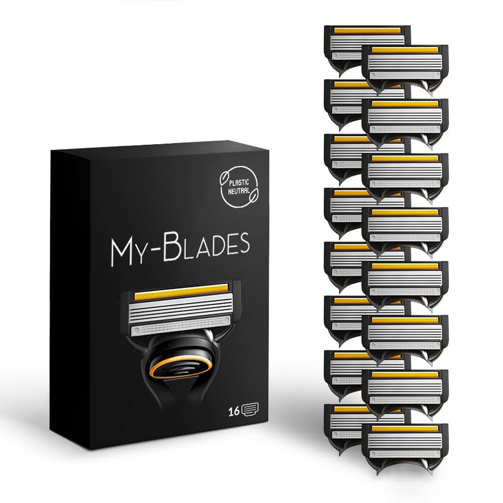 Żyletki kompatybilne z Gillette Fusion 5, My-Blades 16 wkładów z 5 ostrzami, wymienne wkłady do maszynki dla mężczyzn, mało plastiku i ekologiczne, powłoka platynowa