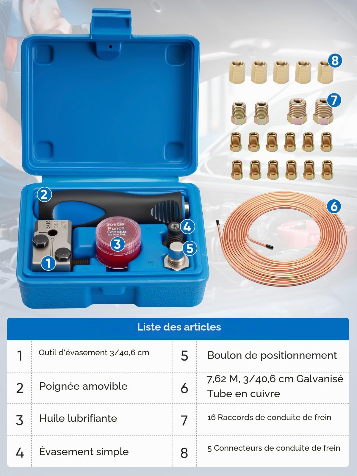 Outils D'évasement de Tuyaux de Freins Frein pour Evasement DIN - 4,75 mm - Kit Universel de Sertissage Conduites de Frein, 7,62 m - Diamètre, 4,75 mm - avec 16 Connecteurs + 5 Connecteurs
