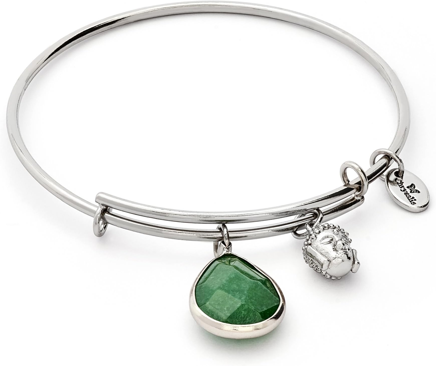 Chrysalis, May - Lunar Emerald Jade tear drop and Buddha charm expandable rhodium plate bangle. Wear your Emerald Jade charm to attract success and new opportunities.
