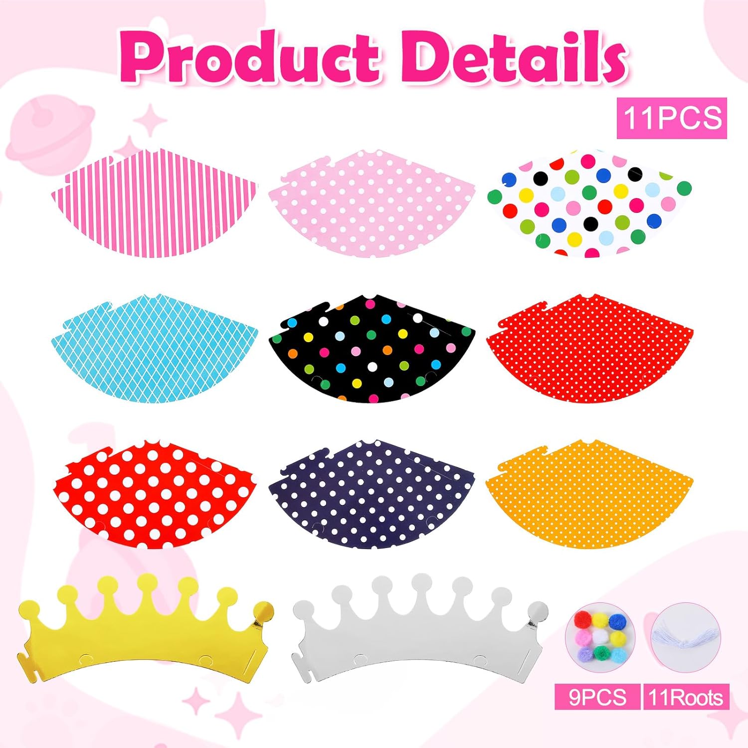 11PCS Party Hats for Kids Birthday,Kids Party Hats with Pom Poms, Adjustable Elastic Belt for Safety and Comfort, Suitable for Pets,Stuffed Animal Toys, Multicolor