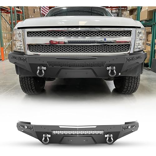 Front Bumper for 2007-2013 Chevy Silverado 1500, Heavy Duty Steel Front Bumper with Side Wings w/2xD-Rings & Winch Cable Guide Hole, Allows DIY colour for Chevrolet Silverado 1500 07-13
