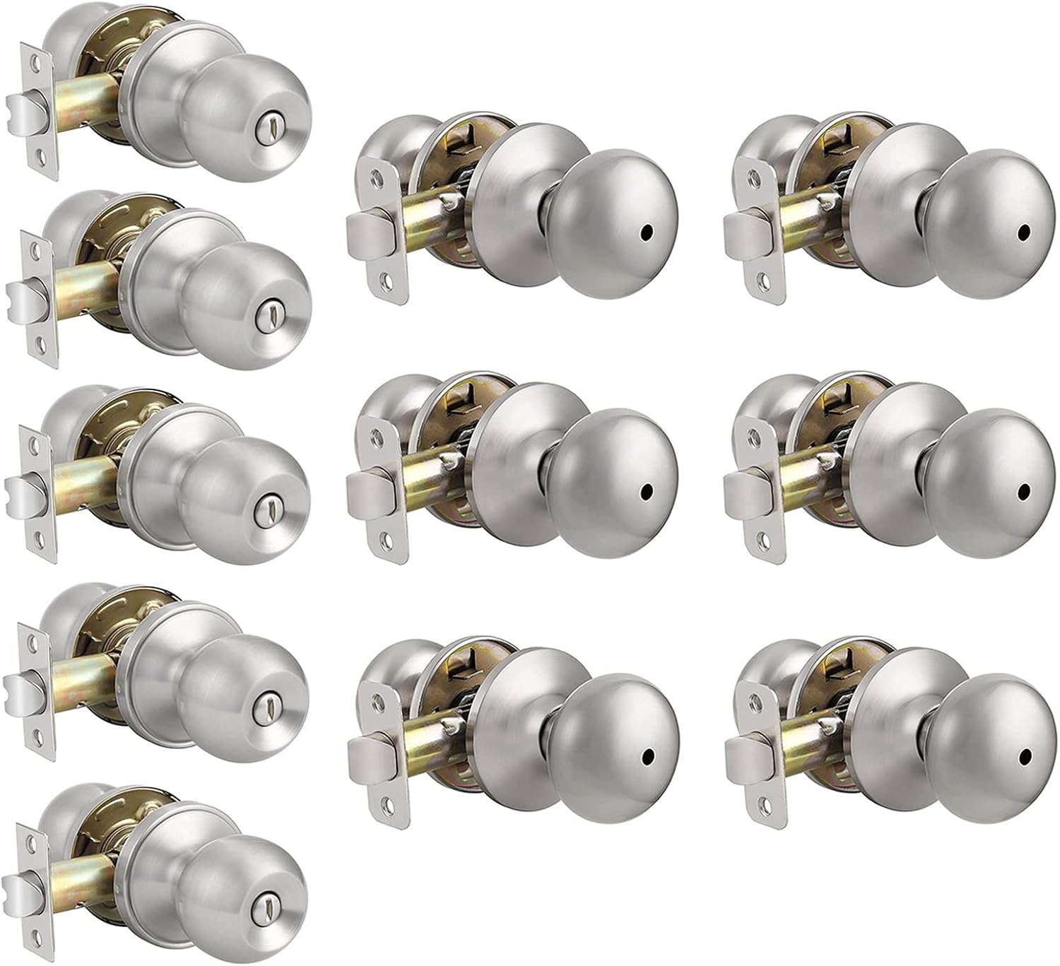 Probrico (5 Pack Privacy Door Knobs and (6 Pack) Bed Bathroom Door Knobs Bundle, Interior Door Knob Set Brushed Nickel Finish